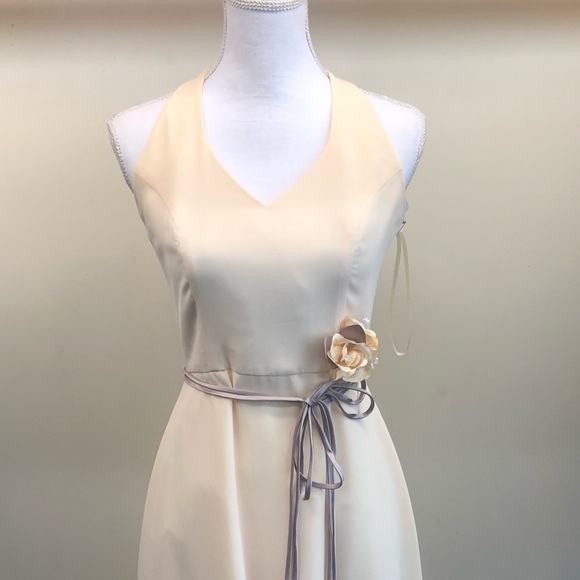 Lined Yellow Mid Length Halter Bridesmaid Prom Dress - Picture 3 of 8